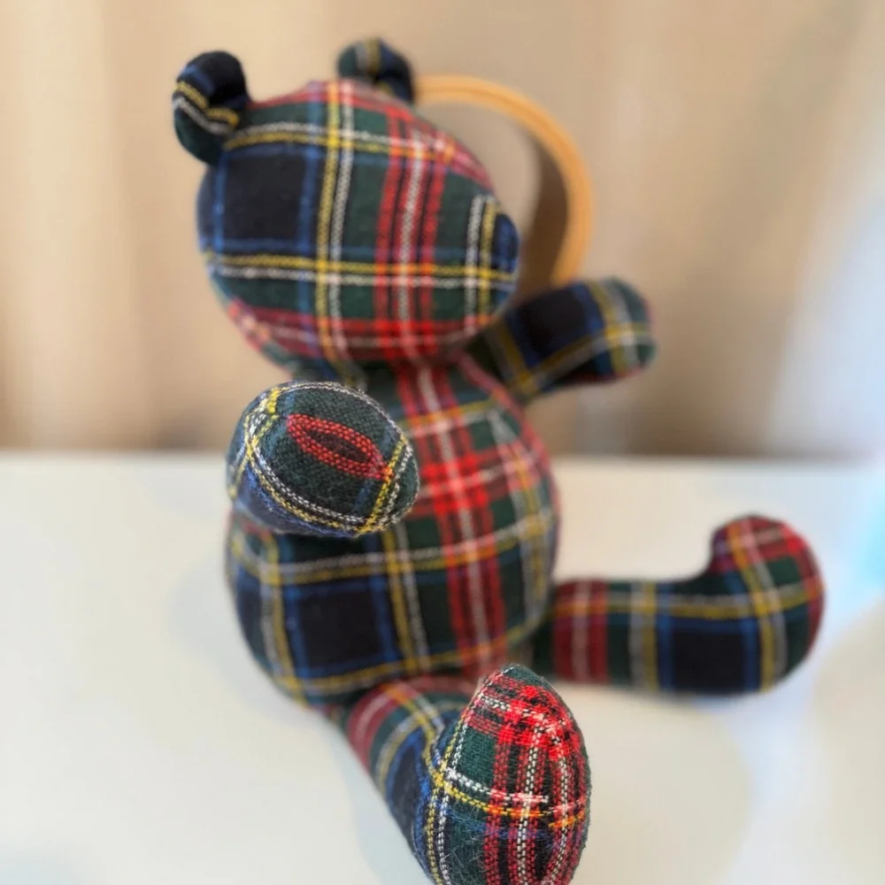 Tartan Plaid Teddy Bear Red Green Navy Blue Checkered Woven Fabric Plush Toy